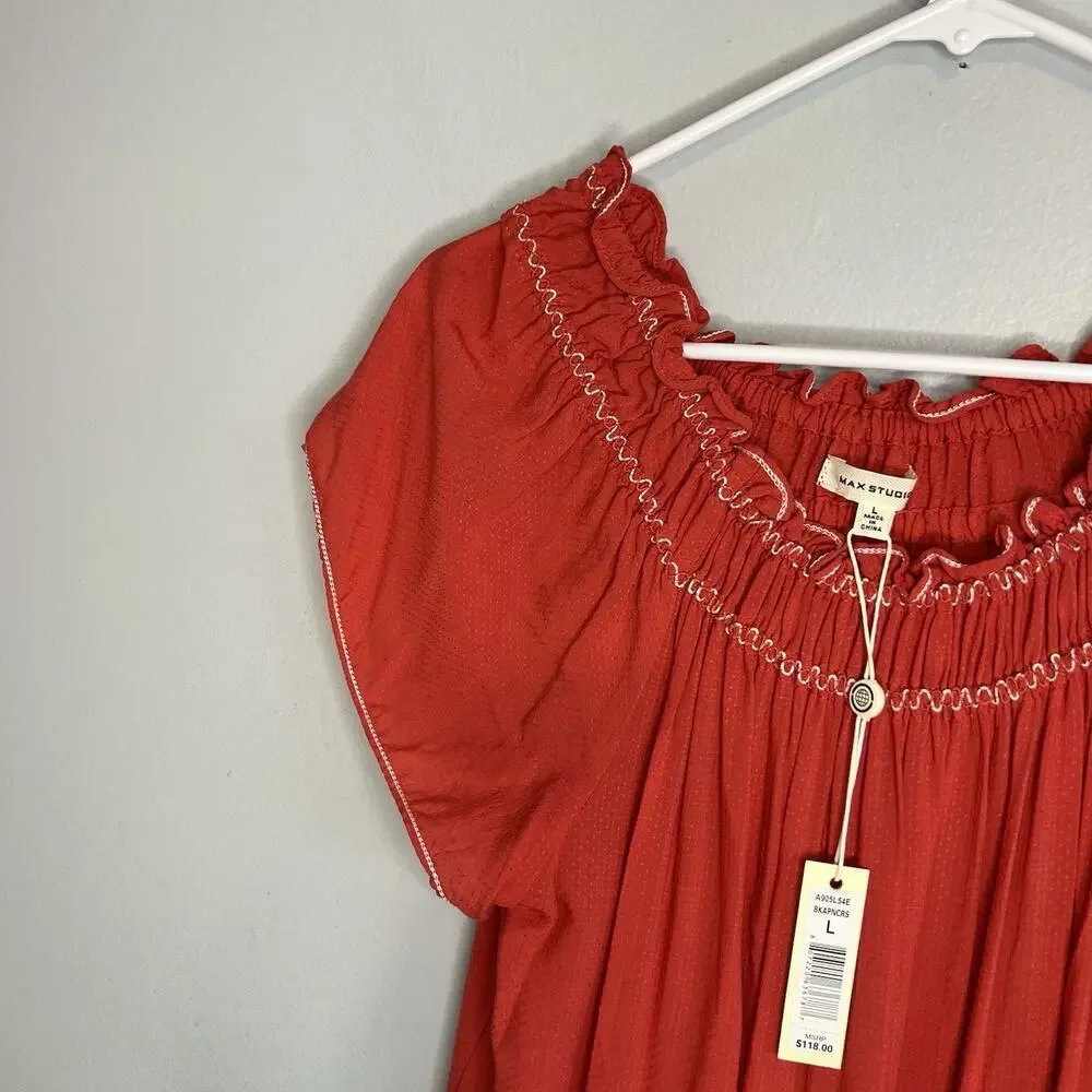 NWT Max Studio Red Mini Dress Sz L College Sundress Vacation Embroidered Ruffle - Picture 10 of 14
